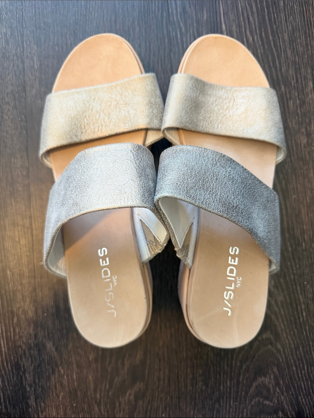 J/SLIDES Metallic Silver Crisscross Slide Sandals